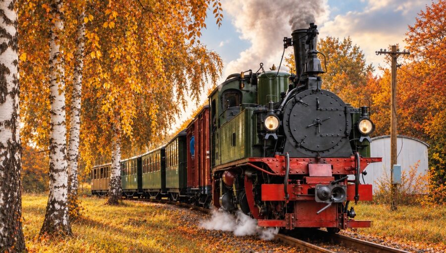 Nostalgische Dampflok im Herbstwald